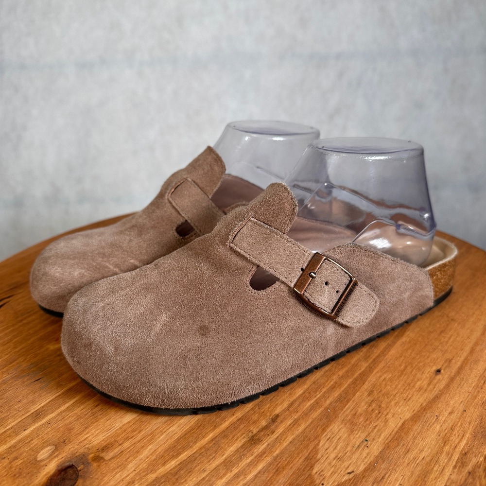 EVELLYHOOTD Suede Clogs Women 39 Brown Good Buckle Strap Cork Mule